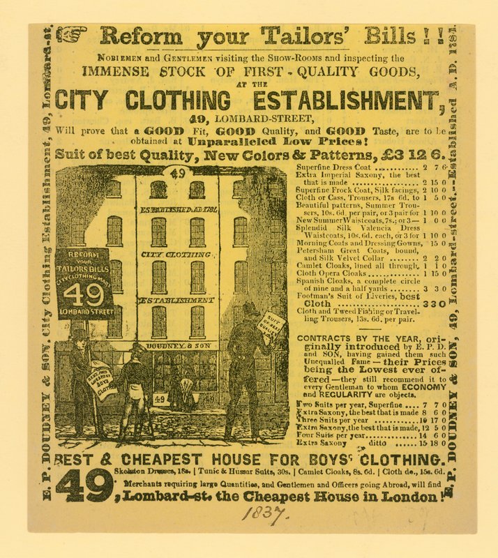广告为Doudney＆Son，City Clothing Establishment，49 Lombard Street，London 作者 英语学校