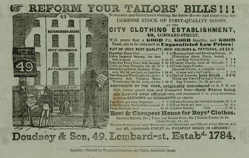 广告为Doudney＆Son，城市服装店，49 Lombard Street，London 作者 英语学校