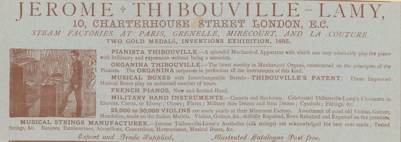 广告为Jerome Thibouville-Lamy，伦敦Charterhouse街10号，乐器制造商 作者 英语学校