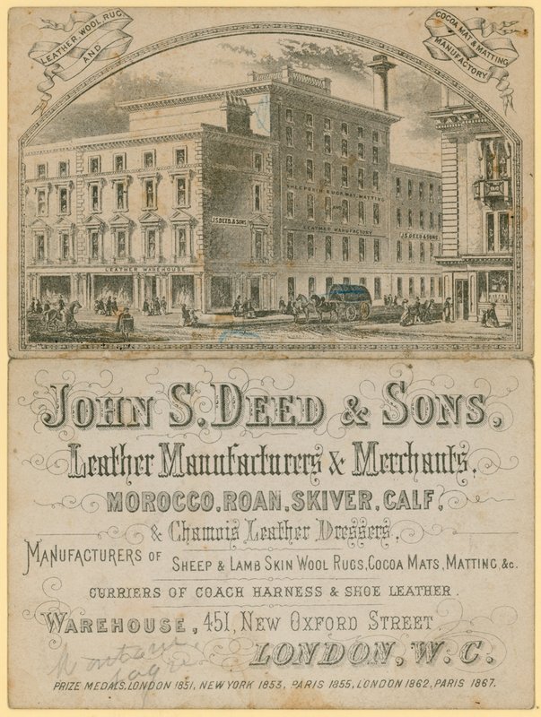 广告为John S Deed＆Sons，皮革制造商和商人，451 New Oxford Street，London 作者 英语学校