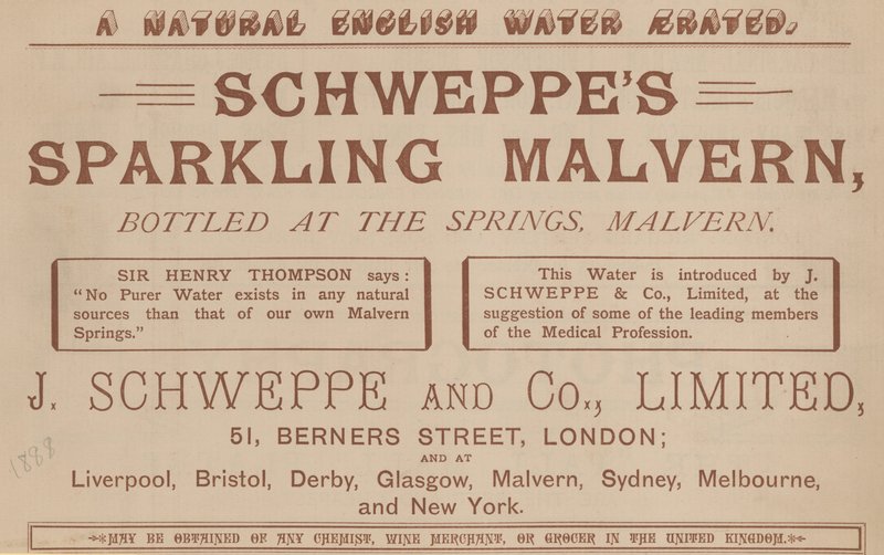 Schweppes Sparkling Malvern的广告，装在弹簧，Malvern 作者 英语学校