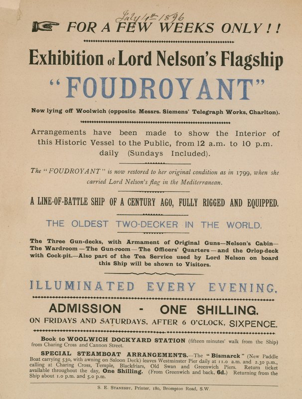 广告为Nelsons勋爵旗舰Foudroyant的展览 作者 英语学校