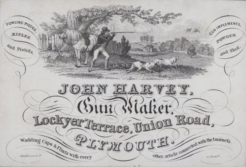 德文郡普利茅斯枪支制造商John Harvey的广告 作者 英语学校