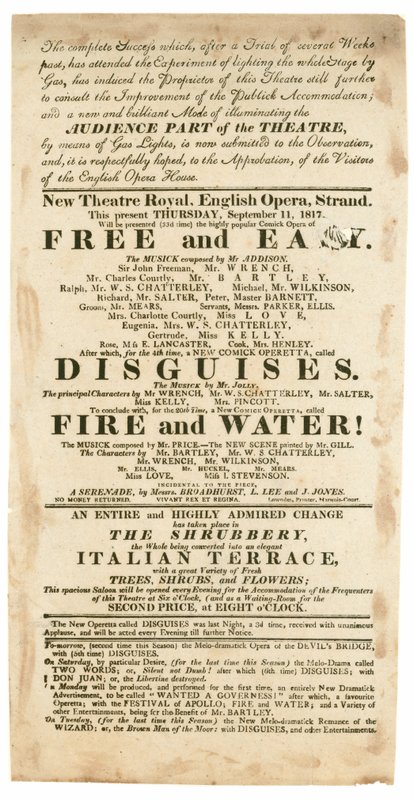 1817年9月11日，新剧院皇家剧院，英国歌剧院，斯特兰德，伦敦的广告，提到了燃气照明 作者 英语学校
