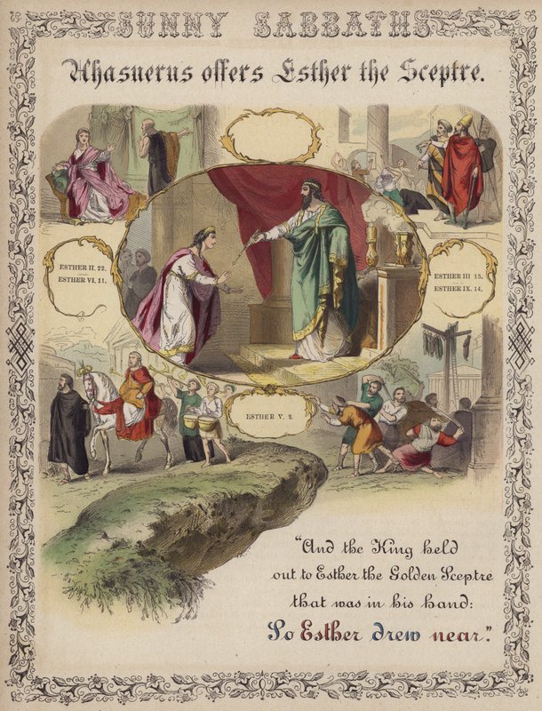Ahasuerus offers Esther the sceptre (coloured engraving) 作者 英语学校