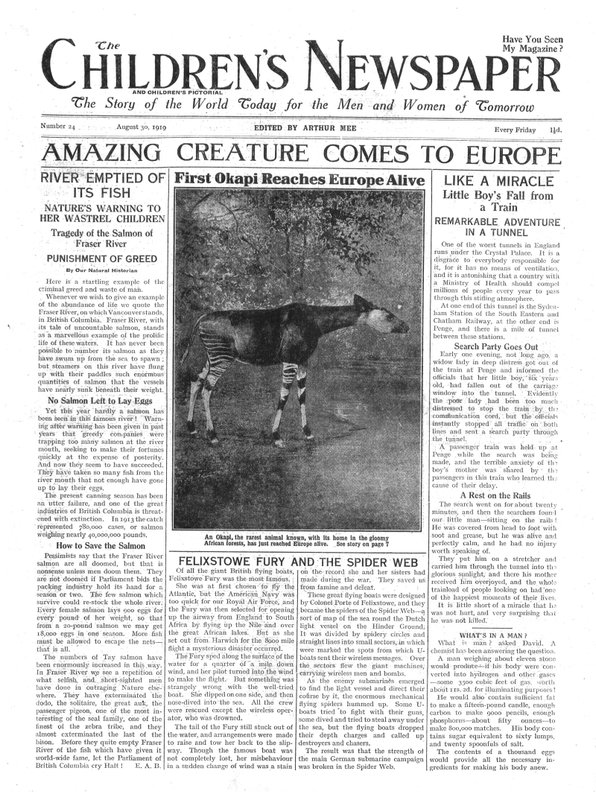 惊人的生物来到欧洲，1919年8月“儿童报”的头版（新闻纸） 作者 英语学校