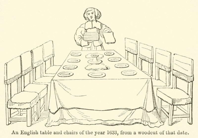 1633 年的英式桌椅，来自那个日期的木刻（雕刻） 作者 英语学校