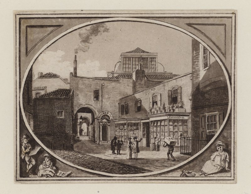 Savil Row Passage的打印卖方Archibald Roberton，毗邻Squibs拍卖室，大约1790年 作者 英语学校