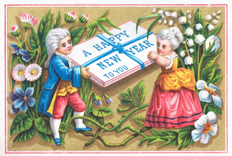 拿着包裹，新年卡片的贵族夫妇 作者 英语学校