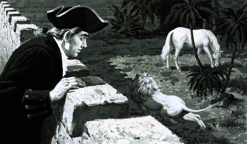 艺术家George Stubbs看着一头狮子向一匹巴巴利马偷袭（纸上水粉画）。 作者 英语学校