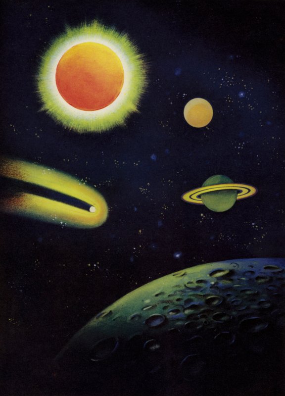 天文物体：太阳，显示其日冕；火星和土星；科吉亚彗星；月球表面（彩色石版画） 作者 英语学校