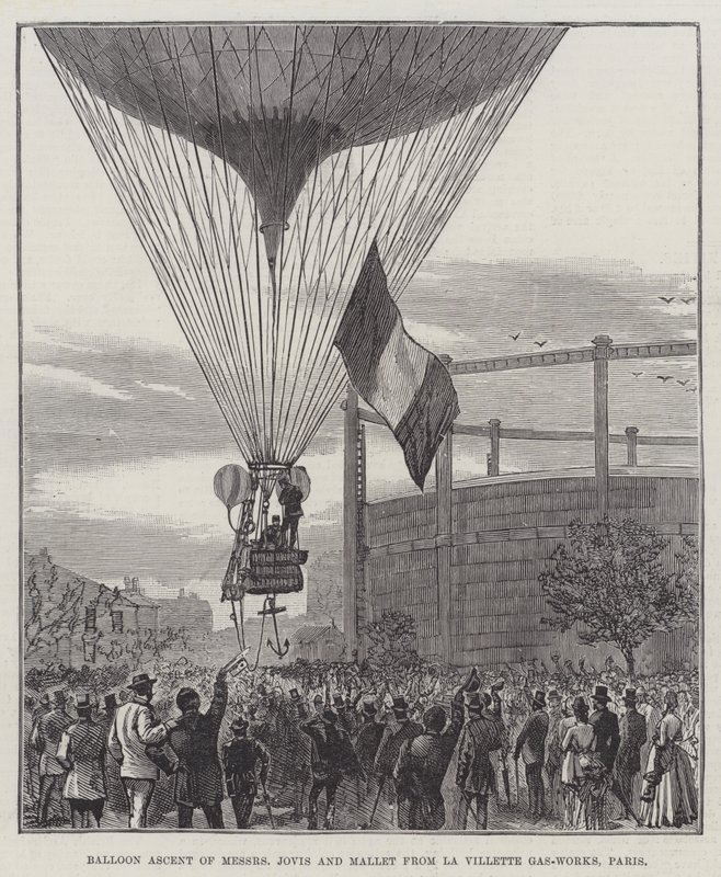 来自巴黎 La Villette Gas-Works 的 Messers Jovis 和 Mallet 的气球上升（雕刻） 作者 英语学校