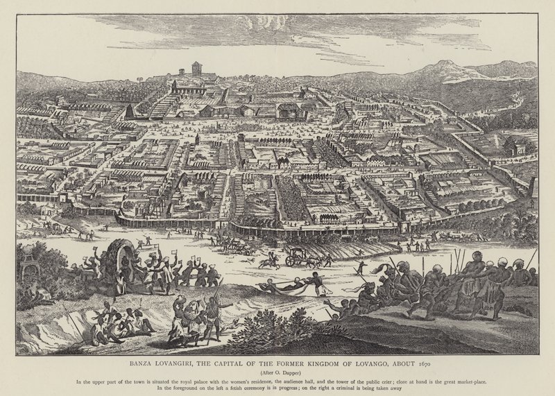 班扎-洛旺吉里，前洛旺戈王国的首都，约 1670 年（石版画） 作者 英语学校