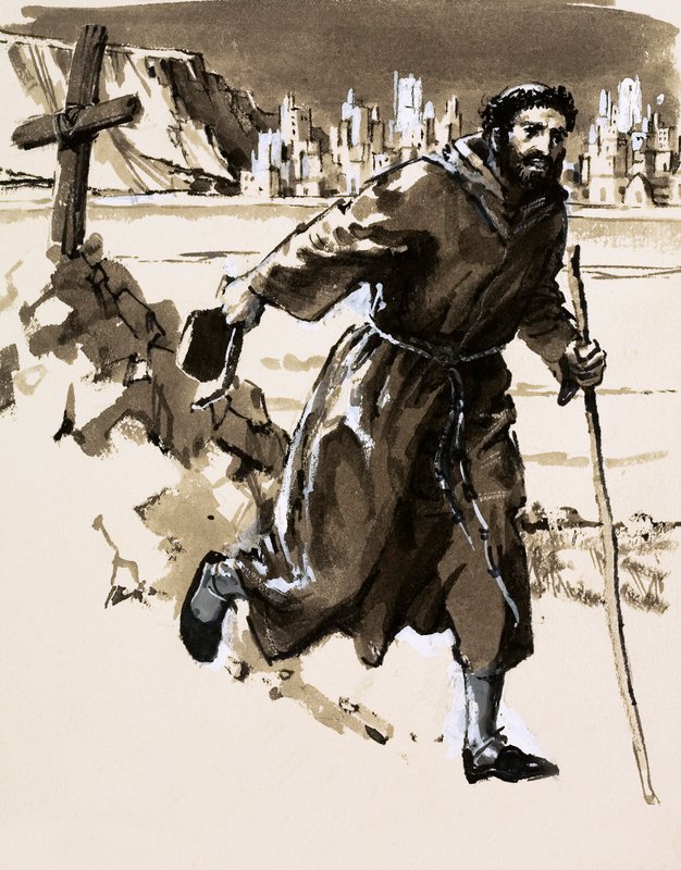 Believing he had discovered El Dorado, a Friar erected a cross to claim the shining city (gouache on paper) 作者 英语学校
