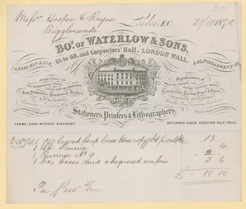 比尔来自Waterlow and Sons，66-68 Carpenters Hall，伦敦墙，文具 作者 英语学校