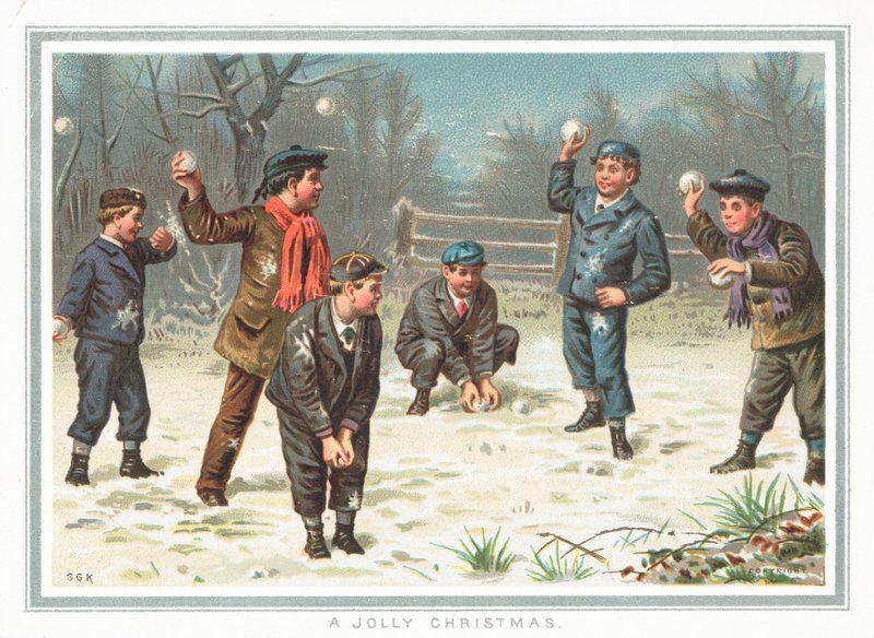 有雪球战斗的男孩，圣诞卡 作者 英语学校
