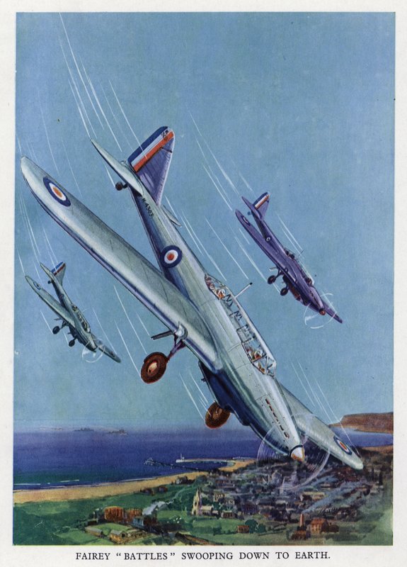 英国 Fairey Battle 轻型轰炸机向地面俯冲（彩色石版） 作者 英语学校