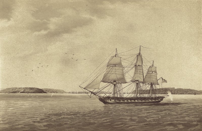 英国护卫舰 HMS Fisgard，由 Thmas Byam Martin 舰长指挥，在法国布列斯特附近侦察（石版）。 作者 英语学校