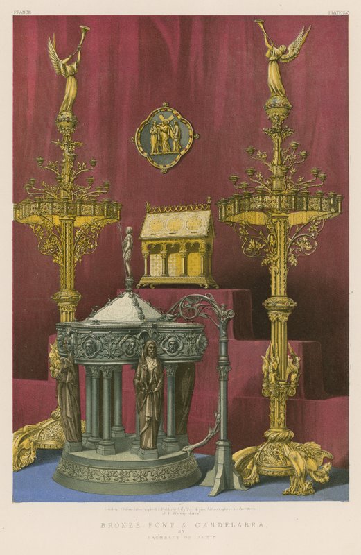 巴黎巴切莱（Bachelet）设计的青铜方形座和烛台（chromolitho 作者 英语学校