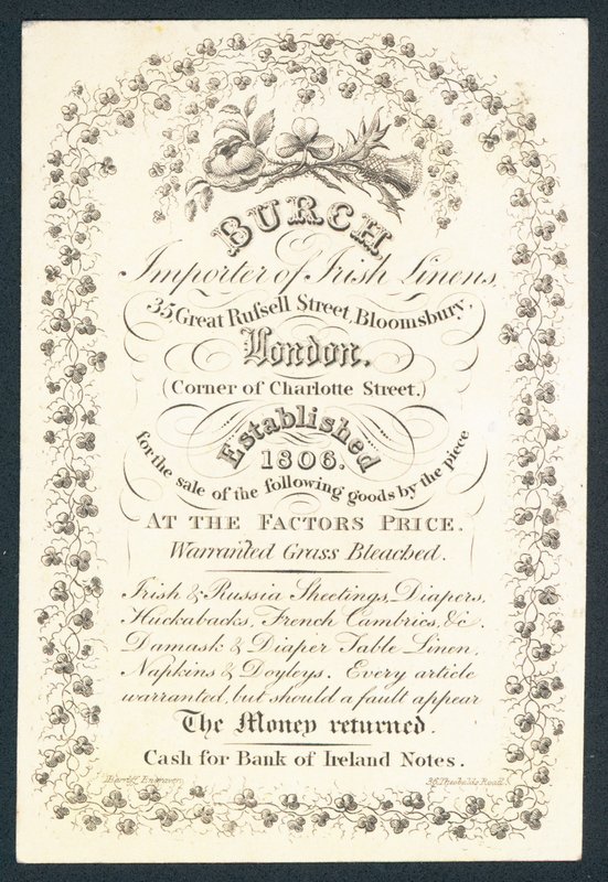 Burch，爱尔兰亚麻布的进口商，贸易卡 作者 英语学校