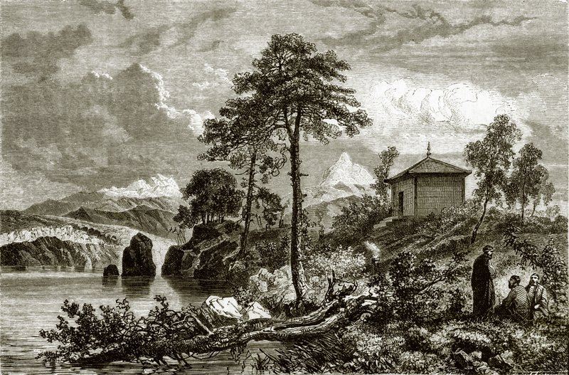 在湖Ikeugun，蒙古的Buriat寺庙 作者 英语学校