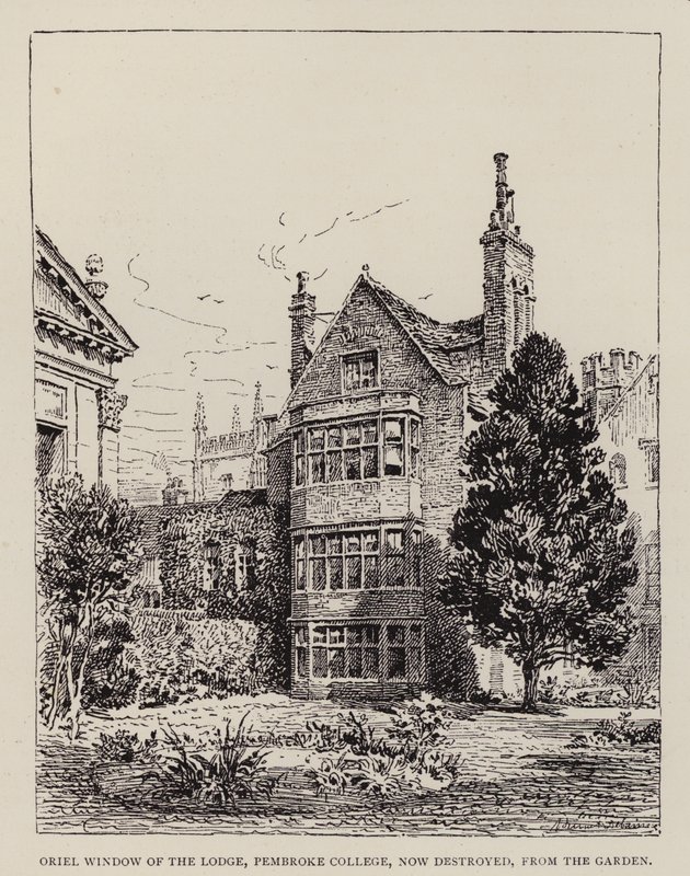 剑桥：彭布罗克学院小屋的 Oriel Window，现已被摧毁，来自花园（蚀刻版） 作者 英语学校