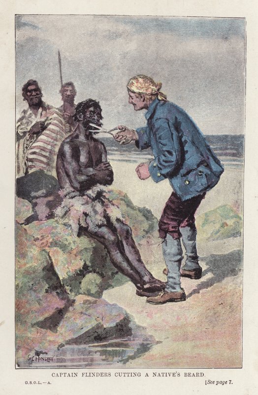 弗林德斯船长为当地人剪胡须（彩色石版画） 作者 英语学校