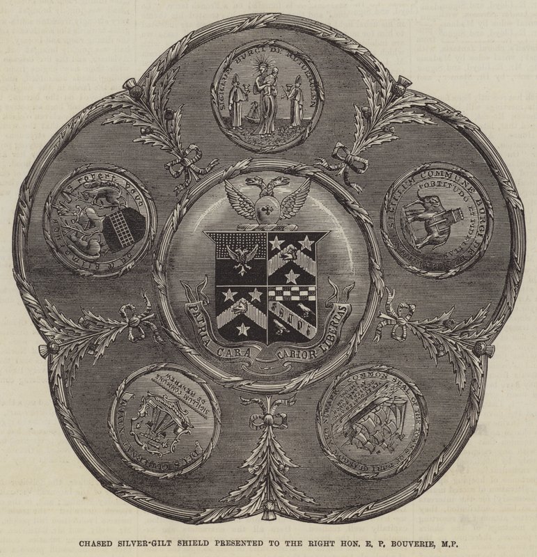 Chased Silver-Gilt Shield 颁发给尊敬的 EP Bouverie 议员，国会议员（雕刻） 作者 英语学校