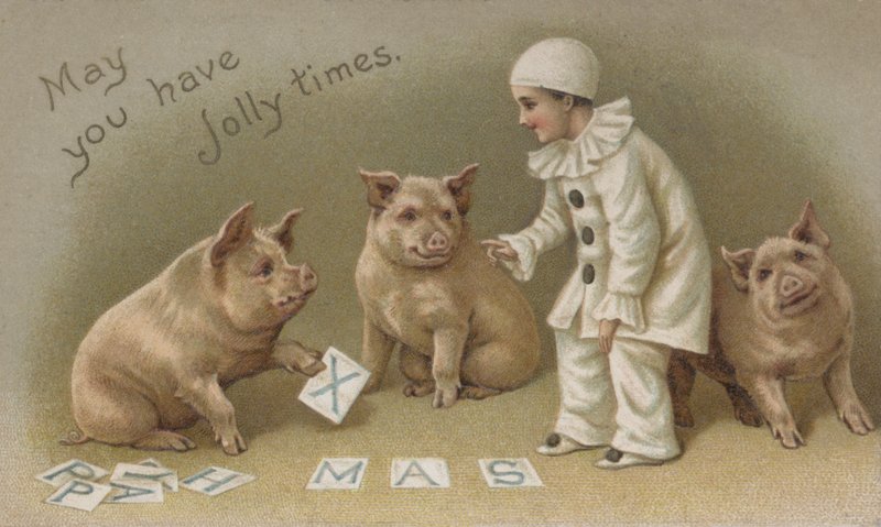 Child ina Pierrot costume with three pigs, Christmas card (chromolitho) 作者 英语学校