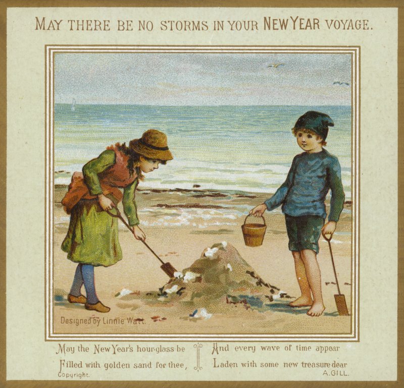 孩子们在海滩上玩 - 新年卡 作者 英语学校