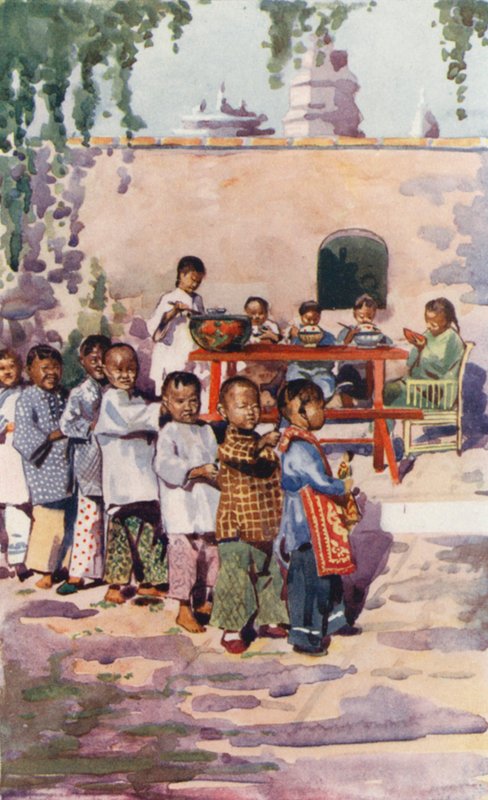 中国儿童：孩子们在吃饭和玩耍（彩色石版画） 作者 英语学校