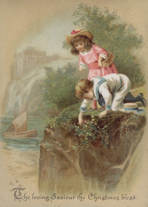 Children picking flowers on a riverbank, Christmas card (chromolitho) 作者 英语学校