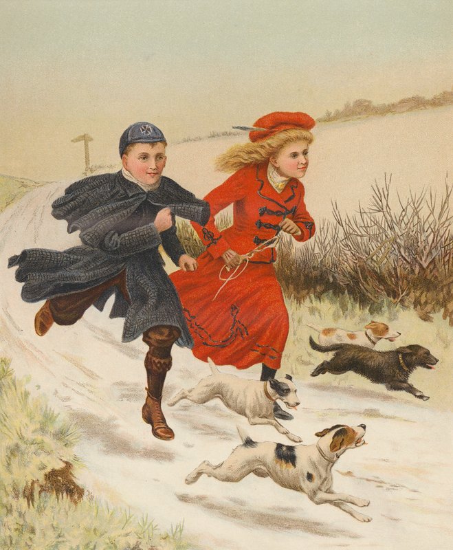 孩子们带着狗在雪路上奔跑（彩虹色） 作者 英语学校