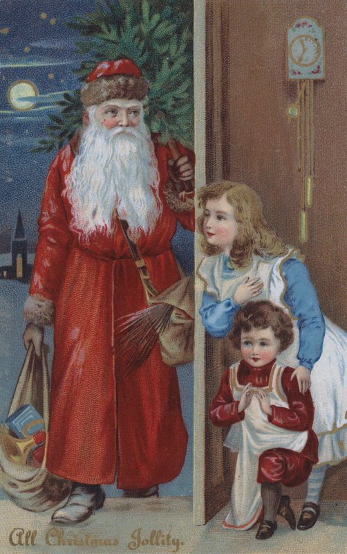 Children waiting for Santa Claus, Christmas card (chromolitho) 作者 英语学校