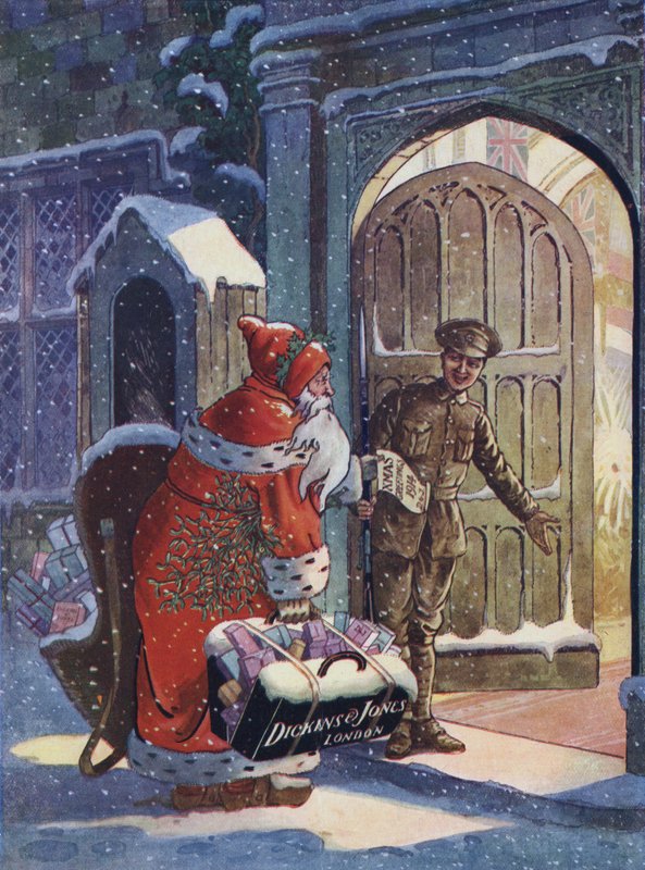 Christmas advertisement showing Santa Claus bringing gifts for WW1 soldiers from Dickins and Jones department store (colour litho) 作者 英语学校