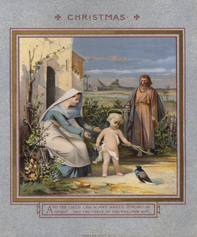 Christmas card: Jesus playing with a dove, watched over by his parents (chromolitho) 作者 英语学校