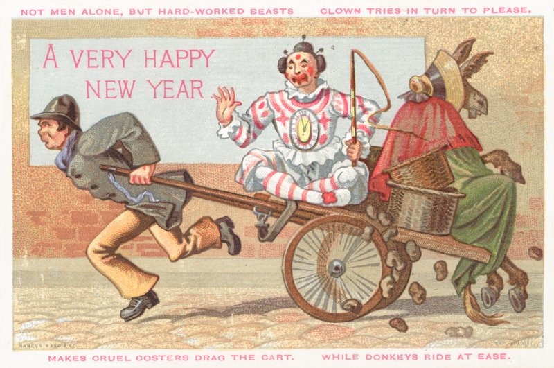 小丑和驴被拉入购物车，新年卡 作者 英语学校