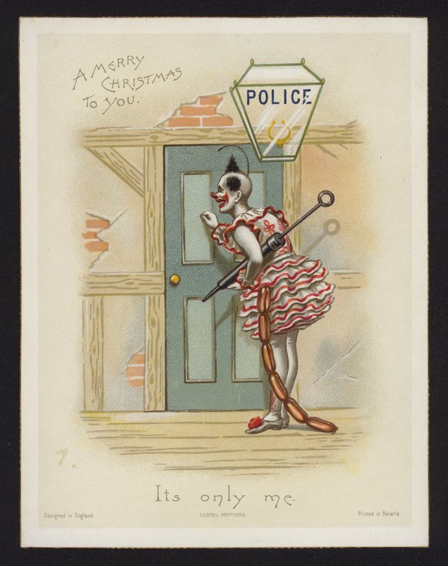 Clown knocking on the door of a police station (chromolitho) 作者 英语学校