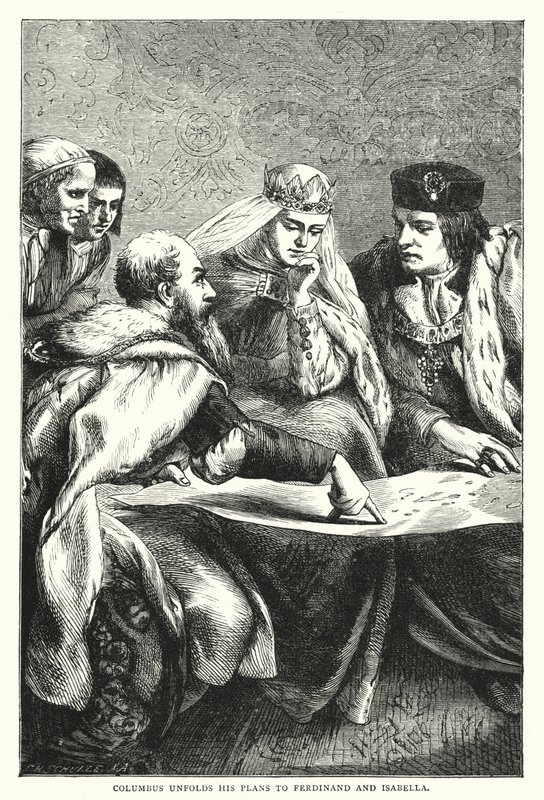 哥伦布向斐迪南和伊莎贝拉介绍他的计划（彩色版画）。 作者 英语学校