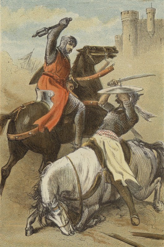 Godfrey de Bouillon 和撒拉逊人之间的冲突，在安条克（彩色版画） 作者 英语学校
