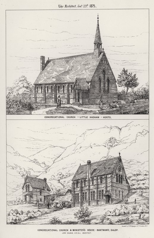 公理会，Little Hadham，Herts； 公理会和牧师之家，南特莫尔，萨洛普（雕刻） 作者 英语学校