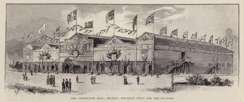 贝尔法斯特会议厅，为 1892 年阿尔斯特工会大会而建，旨在展示阿尔斯特工会主义者对爱尔兰地方自治（石版画）的反对 作者 英语学校