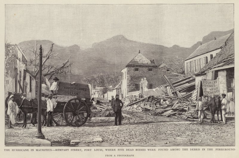 1892 年毛里求斯气旋（石刻）对路易港 Rempart 街造成的破坏 作者 英语学校