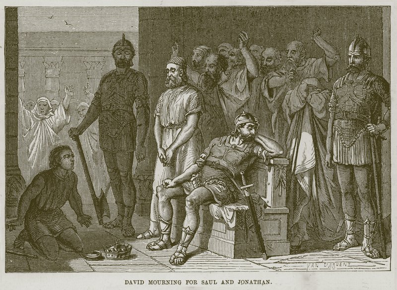 大卫为扫罗和乔纳森哀悼，来自The Childs Bible的插图，1880年 作者 英语学校