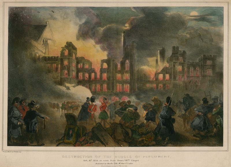 1834年10月16日，从亨利八世教堂看到的议会大厦被火烧毁 作者 英语学校