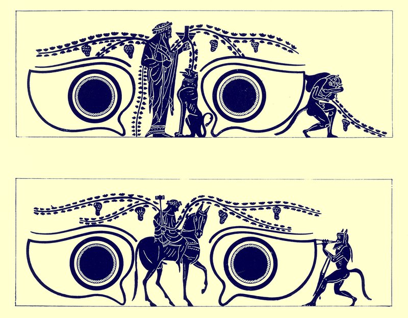 Dionysos，Hephaistos和satyrs，来自JE Harrison和DS MacColl的希腊花瓶画的插图，1894年出版（数字增强图像） 作者 英语学校