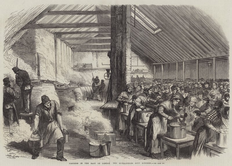 伦敦东部的困境，Spitalfields Soup Kitchen（雕版）。 作者 英语学校