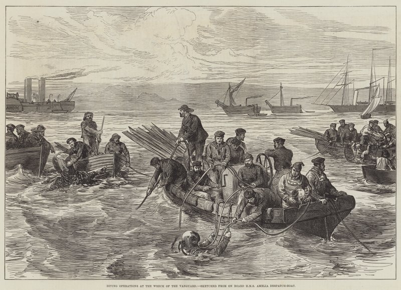 先锋号残骸的潜水行动，从船上绘制的 HMS Amelia Despatch-Boat（雕刻） 作者 英语学校