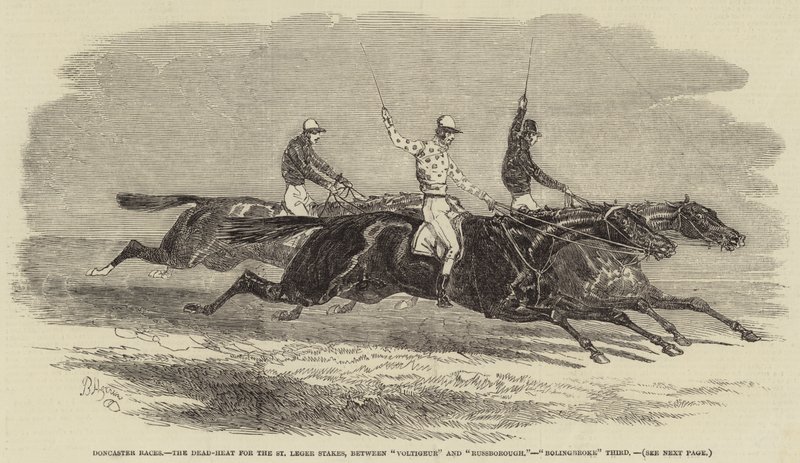 唐卡斯特赛马场，在 "Voltigeur "和 "Russborough "之间进行的圣莱格赛的死战，"Bolingbroke "第三（雕刻）。 作者 英语学校