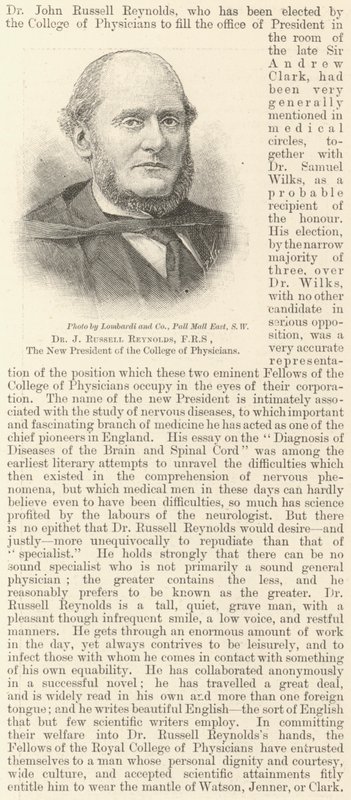 J Russell Reynolds 博士，FRS，内科医师学院的新主席（雕刻） 作者 英语学校